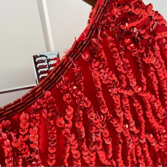 Vintage Stenay 100% silk beaded &amp; sequined lipstick red party dress size large L