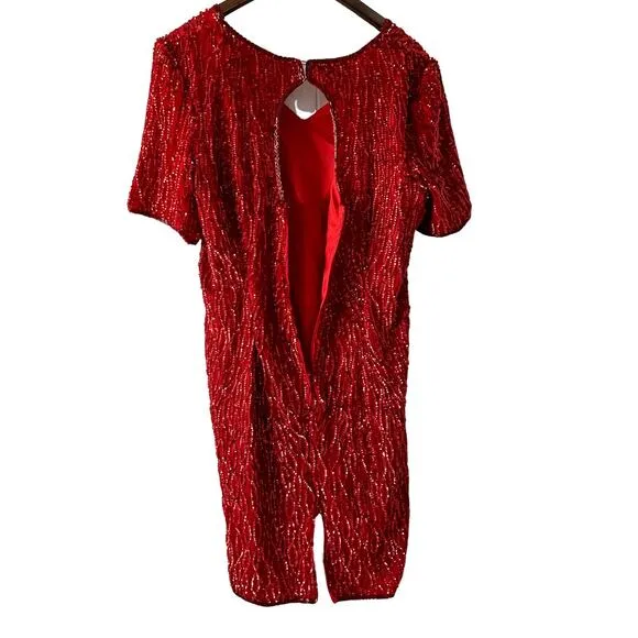 Vintage Stenay 100% silk beaded &amp; sequined lipstick red party dress size large L