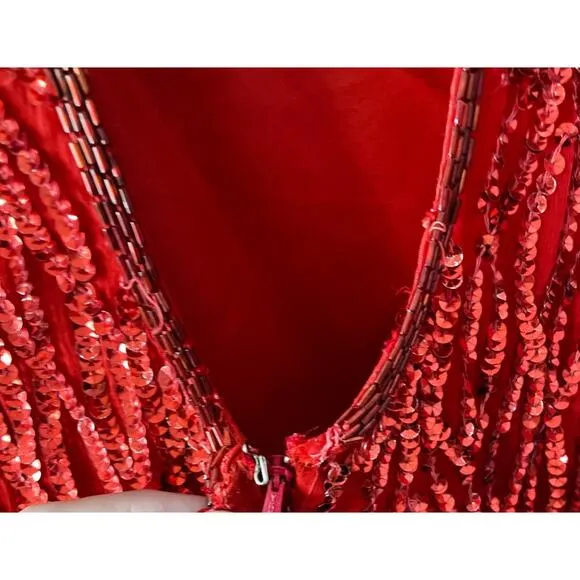 Vintage Stenay 100% silk beaded &amp; sequined lipstick red party dress size large L