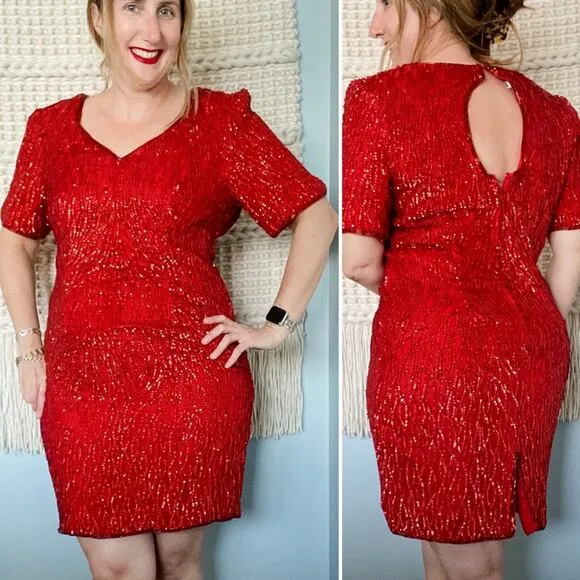 Vintage Stenay 100% silk beaded &amp; sequined lipstick red party dress size large L
