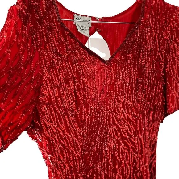 Vintage Stenay 100% silk beaded &amp; sequined lipstick red party dress size large L
