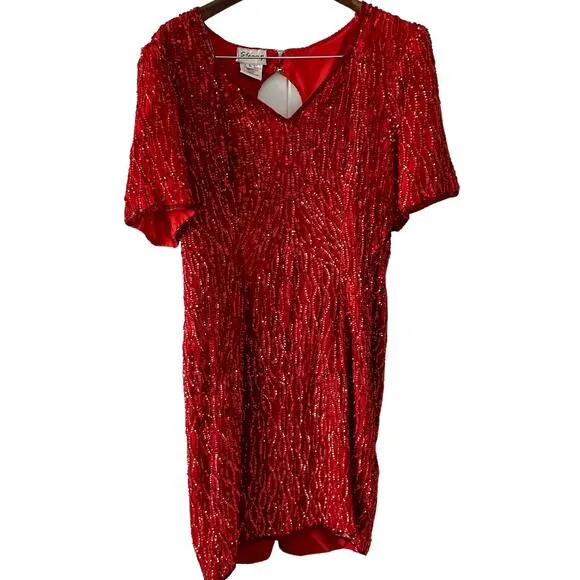 Vintage Stenay 100% silk beaded &amp; sequined lipstick red party dress size large L