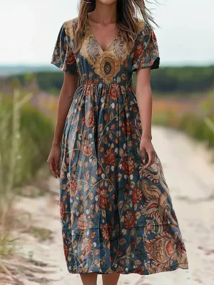 Vintage V-neck Bohemian Floral Print Elegant Chic Loose Midi Dress