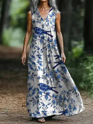 Vintage V-neck Bohemian Floral Print Elegant Chic Loose Midi Dress