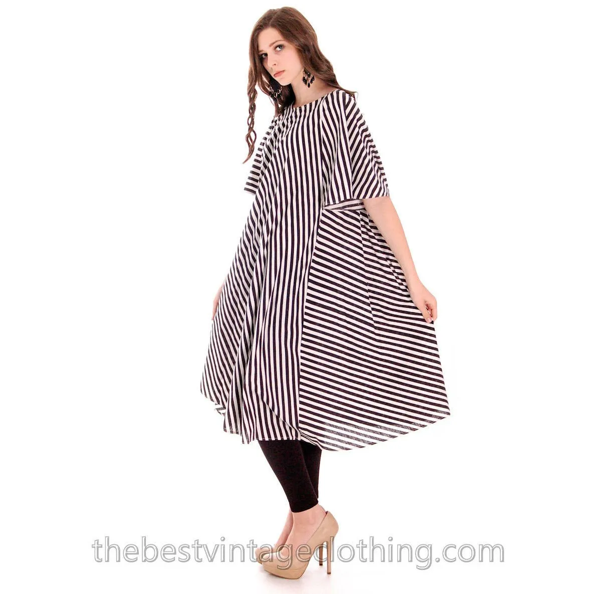Vintage Vuokko Angel Sleeve Tent Dress Black & White Stripes XS 1970s