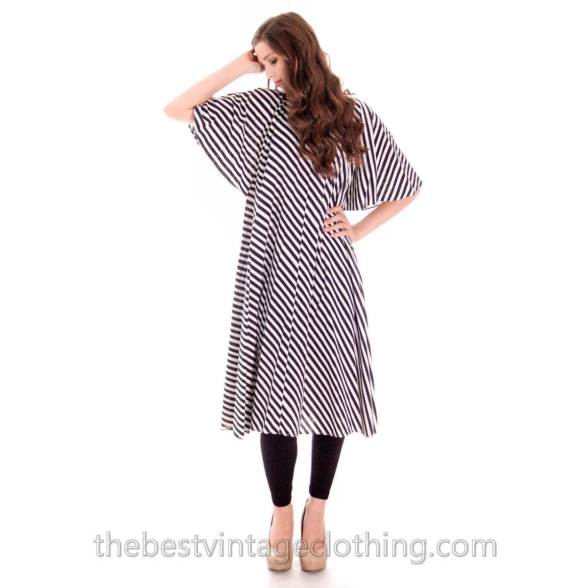Vintage Vuokko Angel Sleeve Tent Dress Black & White Stripes XS 1970s