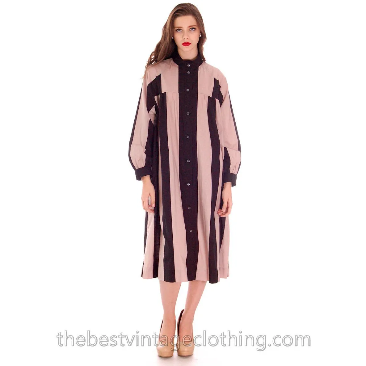 Vintage Vuokko Tent Dress / Coat Bold Black & Blush Stripes Geometric L