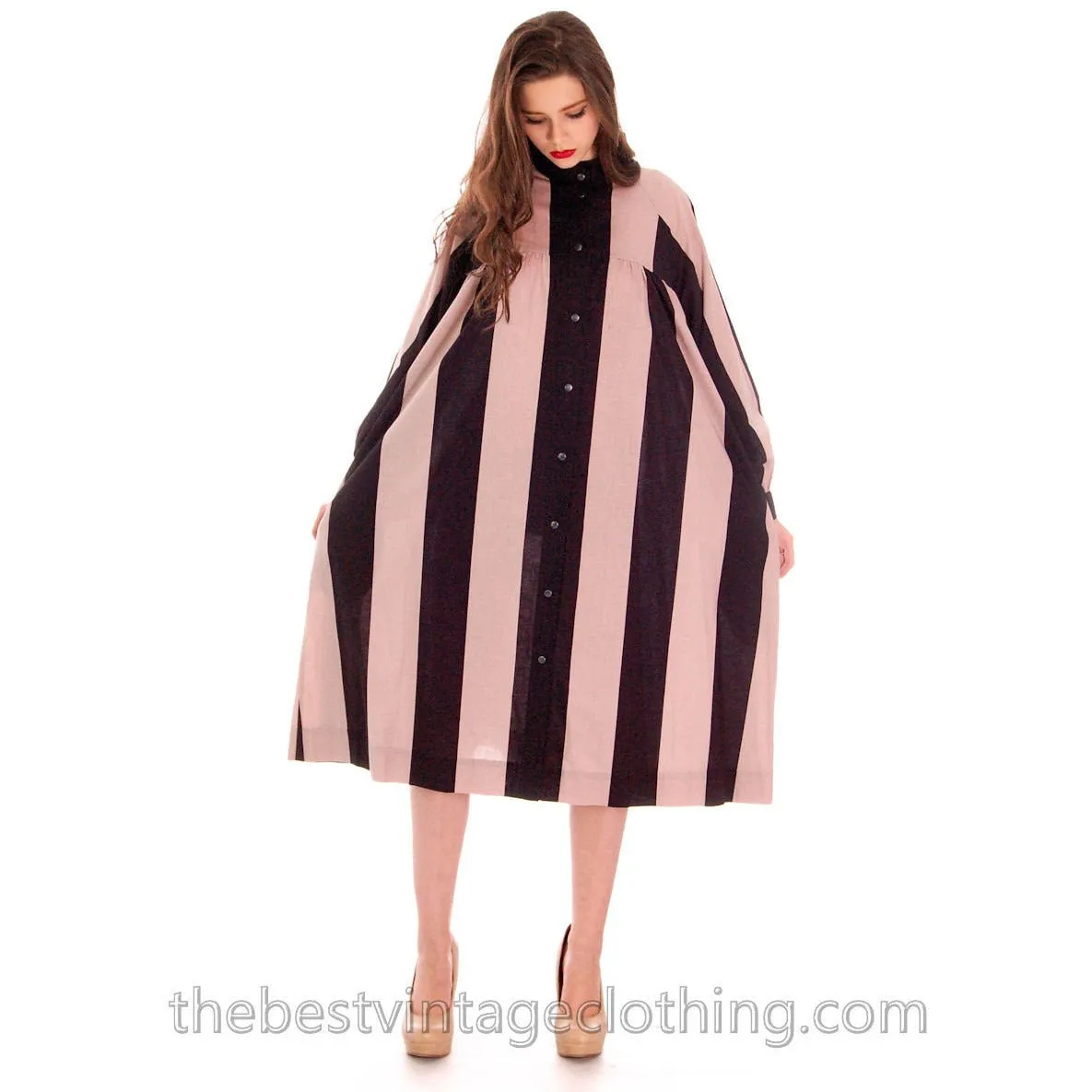 Vintage Vuokko Tent Dress / Coat Bold Black & Blush Stripes Geometric L