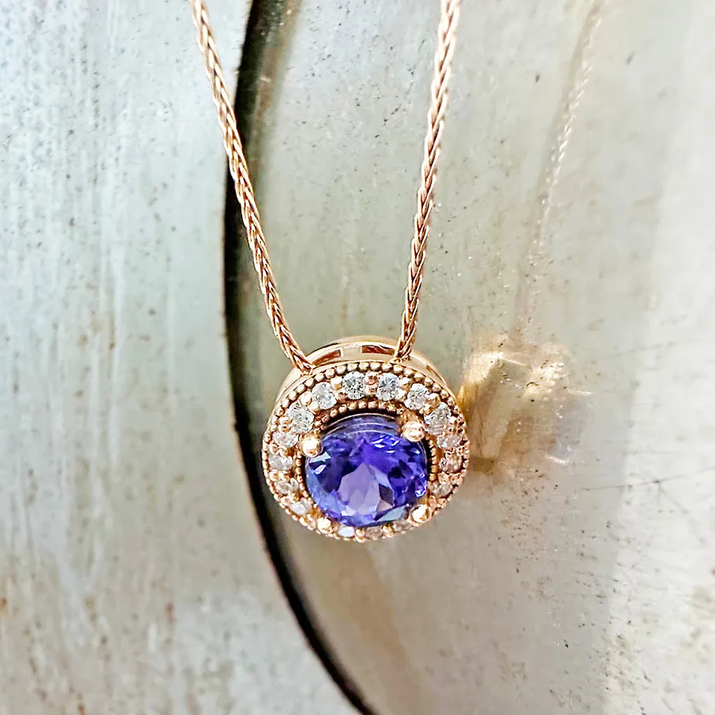 Warm Elegant Round Cut Tanzanite with Diamond Halo Rose Gold Pendant