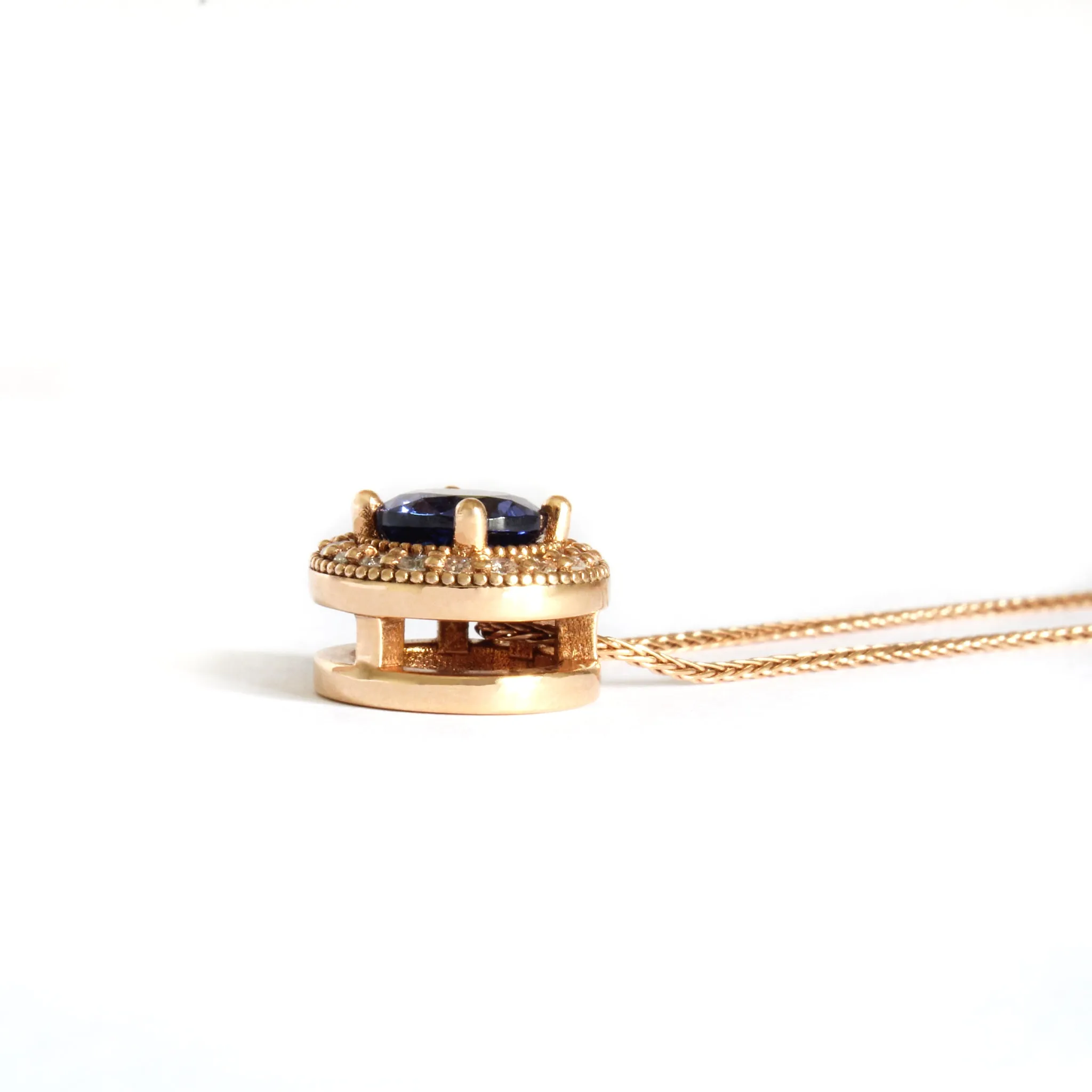 Warm Elegant Round Cut Tanzanite with Diamond Halo Rose Gold Pendant