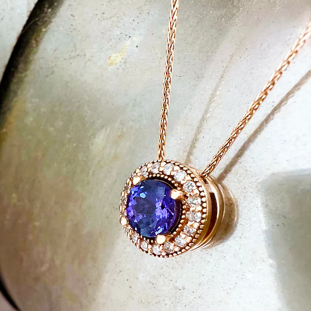 Warm Elegant Round Cut Tanzanite with Diamond Halo Rose Gold Pendant