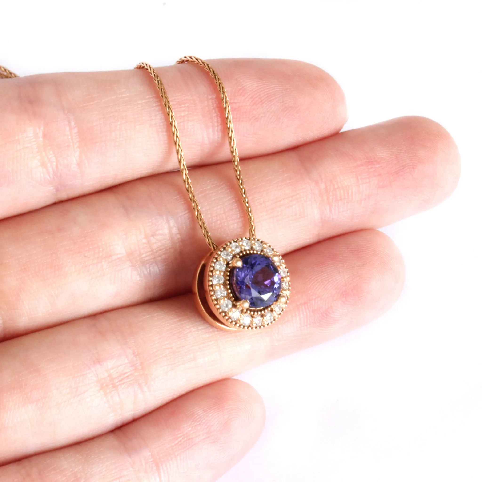Warm Elegant Round Cut Tanzanite with Diamond Halo Rose Gold Pendant