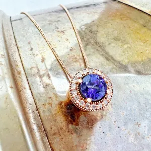 Warm Elegant Round Cut Tanzanite with Diamond Halo Rose Gold Pendant