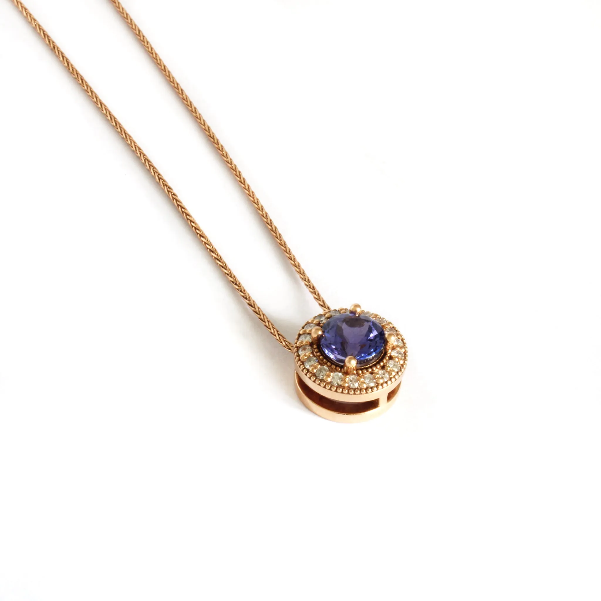 Warm Elegant Round Cut Tanzanite with Diamond Halo Rose Gold Pendant