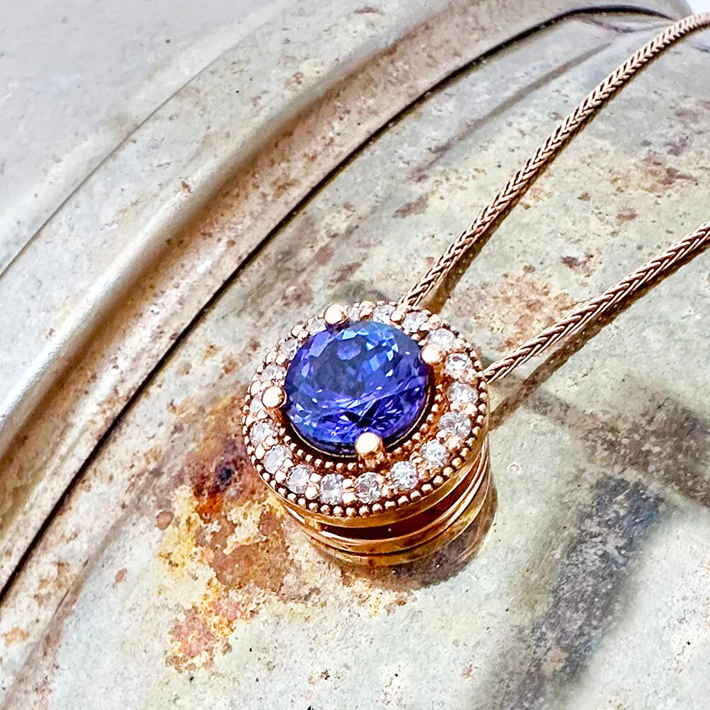 Warm Elegant Round Cut Tanzanite with Diamond Halo Rose Gold Pendant