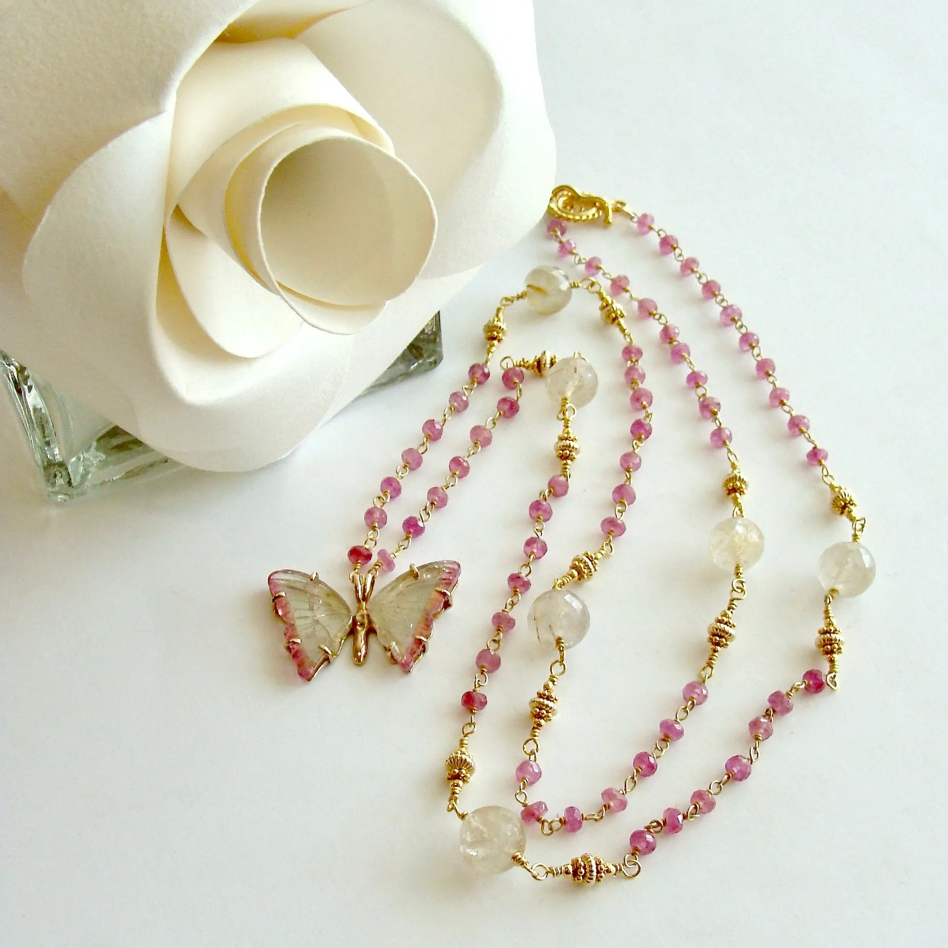 Watermelon Tourmaline Butterfly Necklace Pink Sapphires Rutilated Quartz - Papillon XVII Necklace