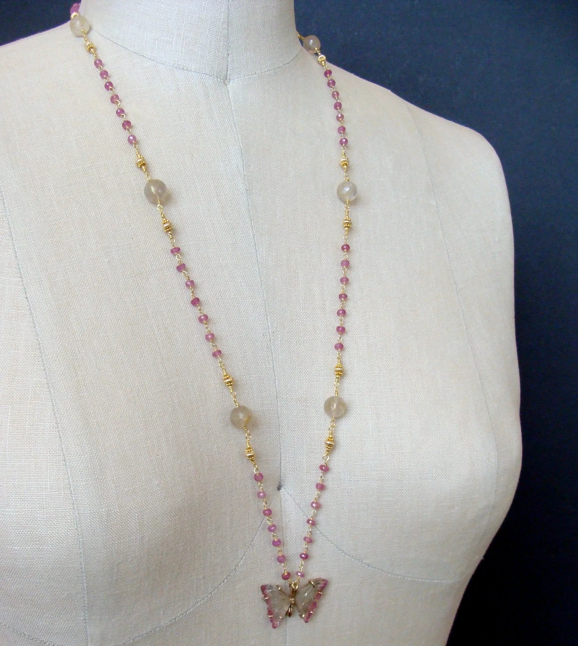 Watermelon Tourmaline Butterfly Necklace Pink Sapphires Rutilated Quartz - Papillon XVII Necklace