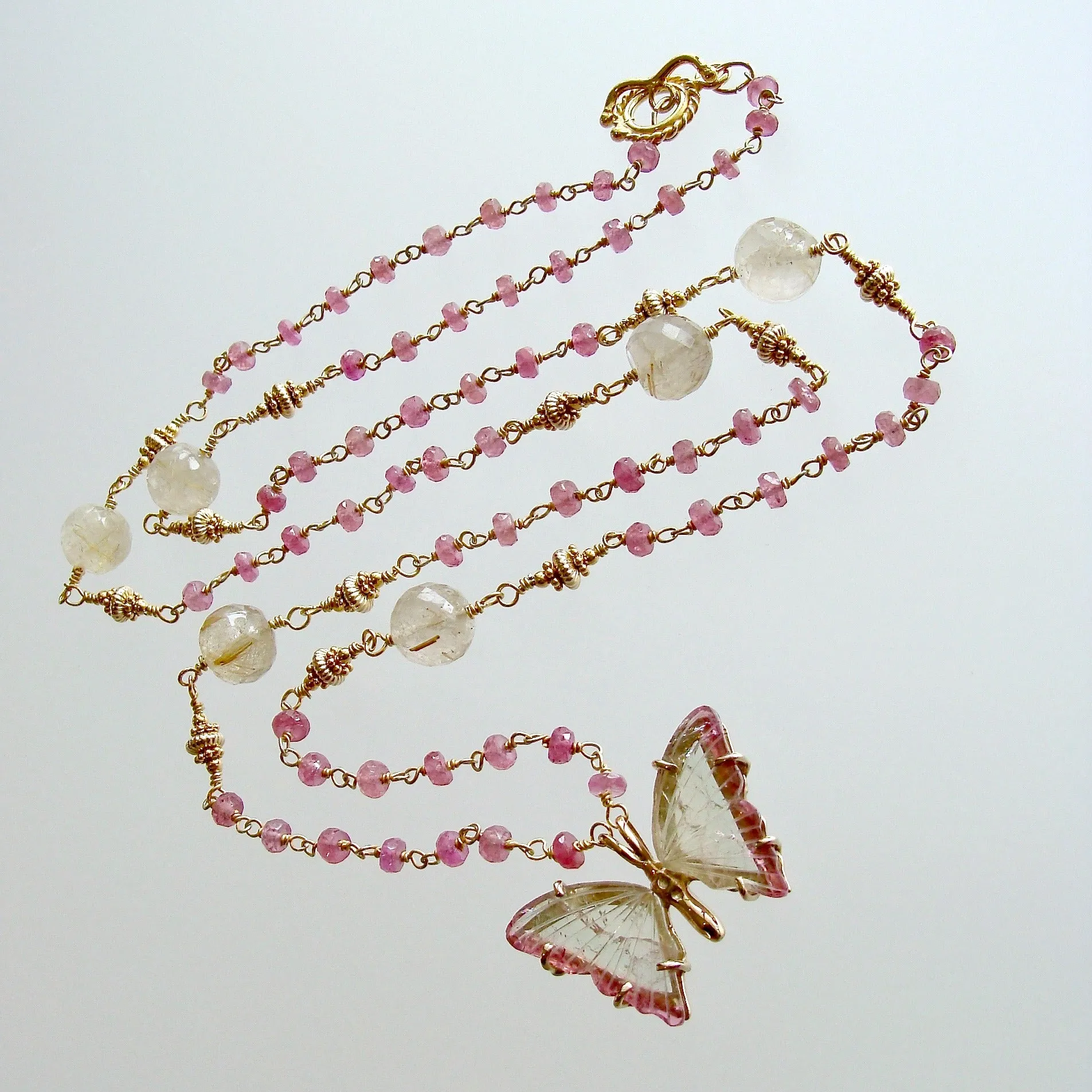 Watermelon Tourmaline Butterfly Necklace Pink Sapphires Rutilated Quartz - Papillon XVII Necklace