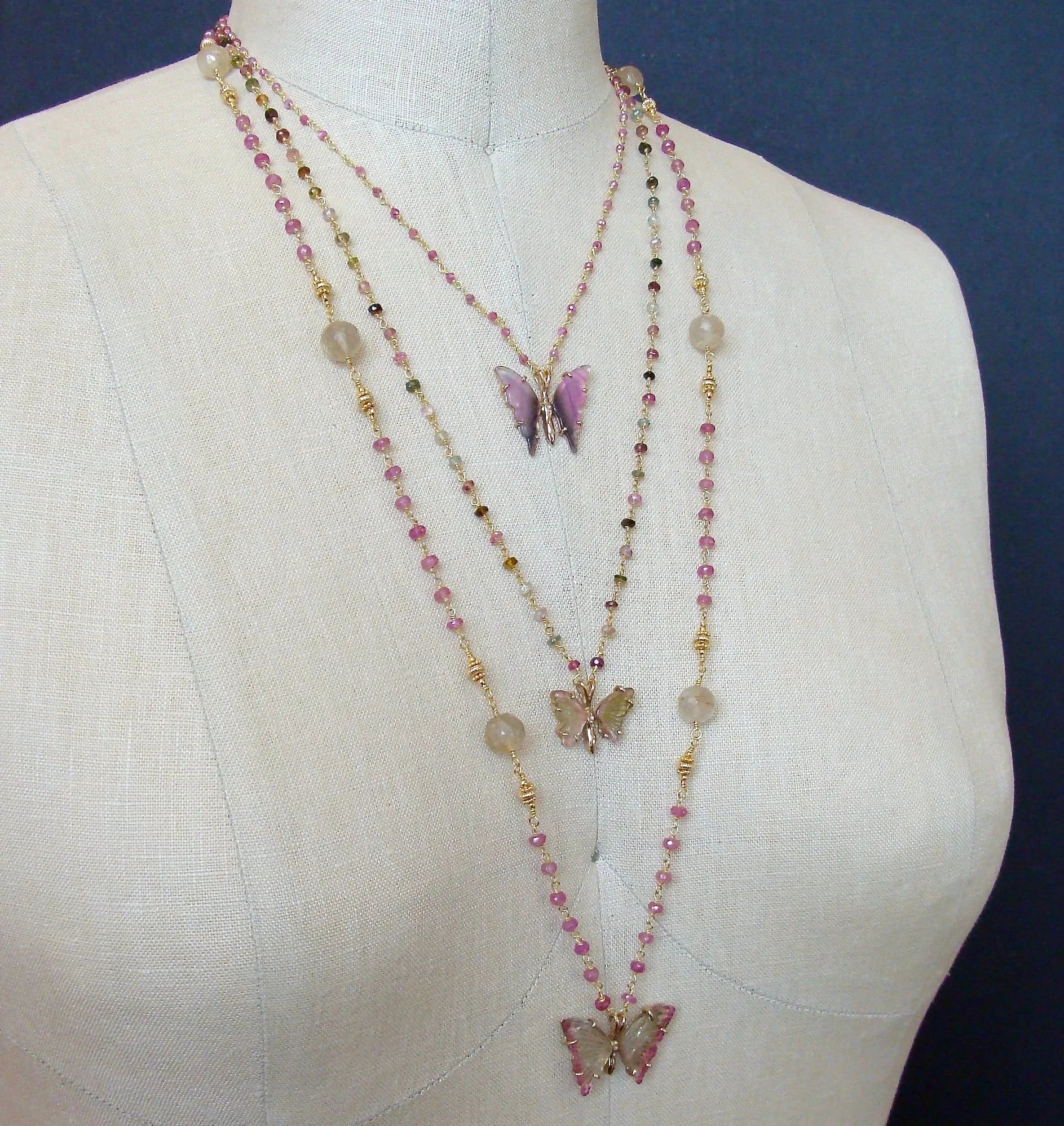 Watermelon Tourmaline Butterfly Necklace Pink Sapphires Rutilated Quartz - Papillon XVII Necklace
