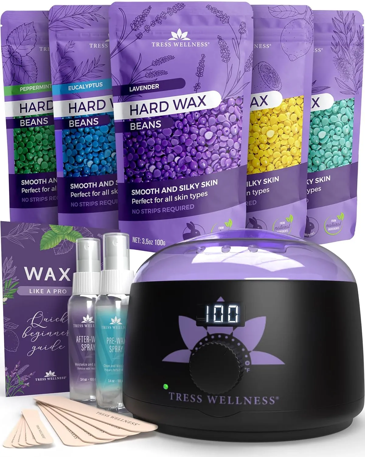 Waxing Kit for Brazilian Wax - Easy to Use - for Sensitive Skin - Digital Display, Black Purple Flower