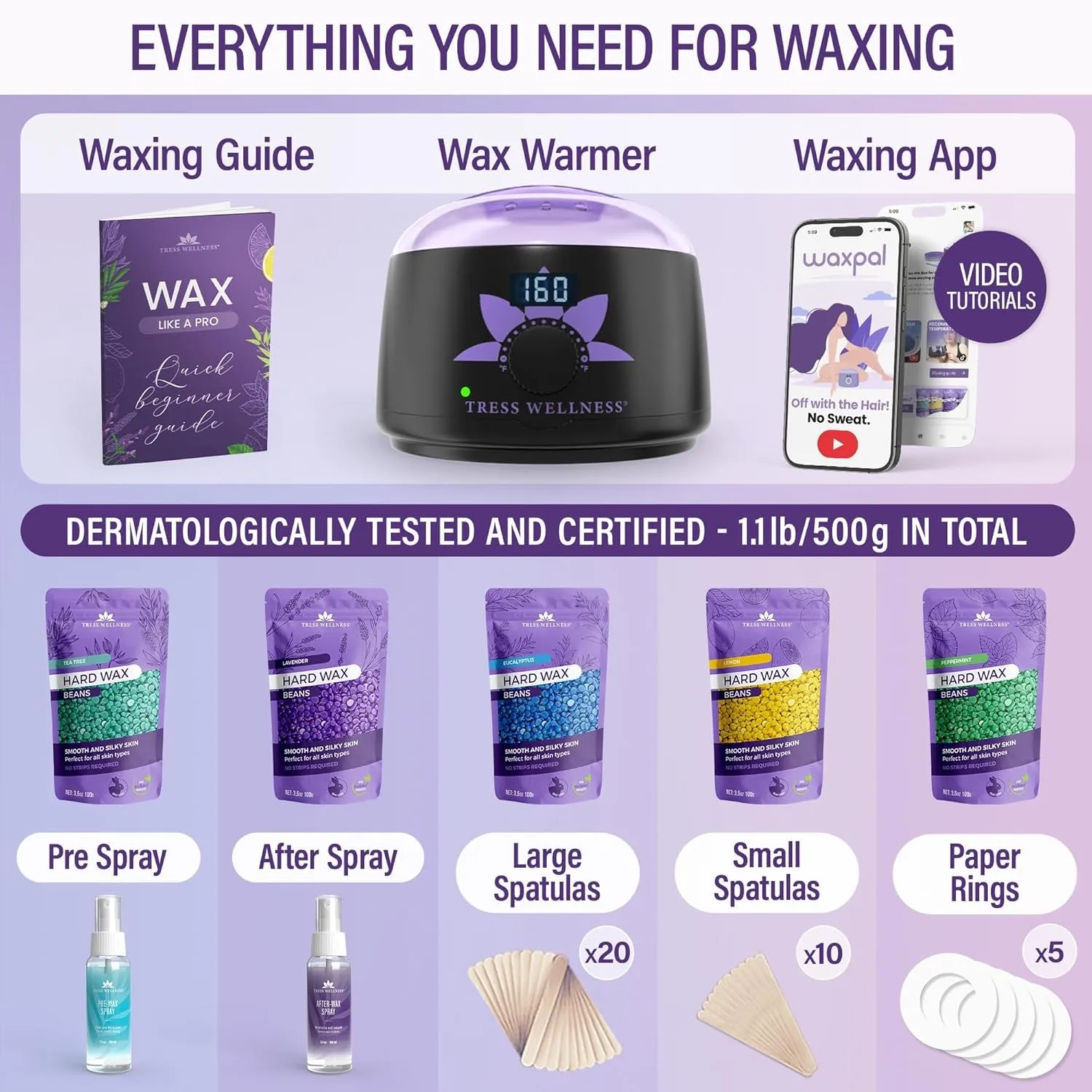 Waxing Kit for Brazilian Wax - Easy to Use - for Sensitive Skin - Digital Display, Black Purple Flower