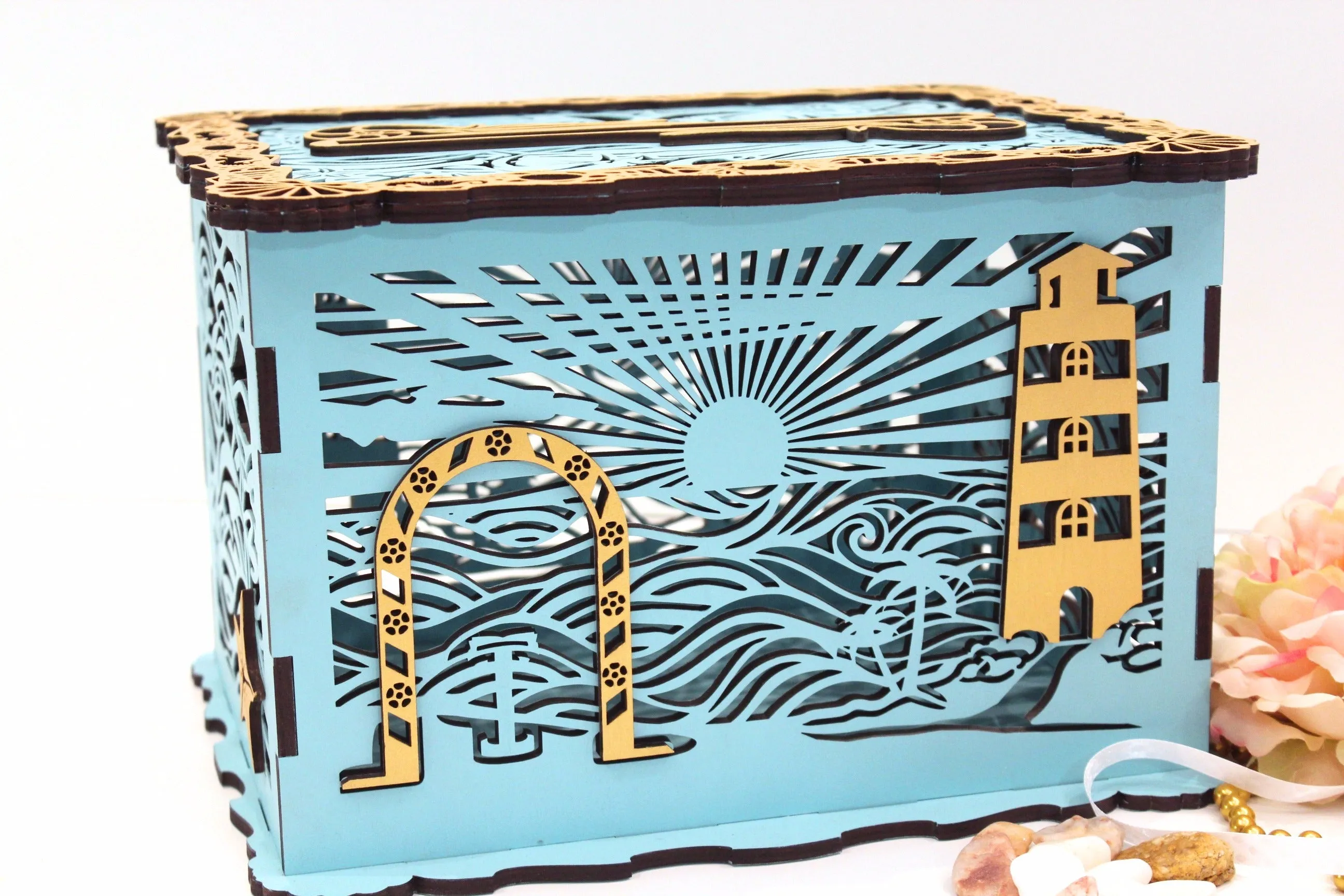 Wedding Card Box With Lock & Slot, Marine, Beach or Nautical, Handmade