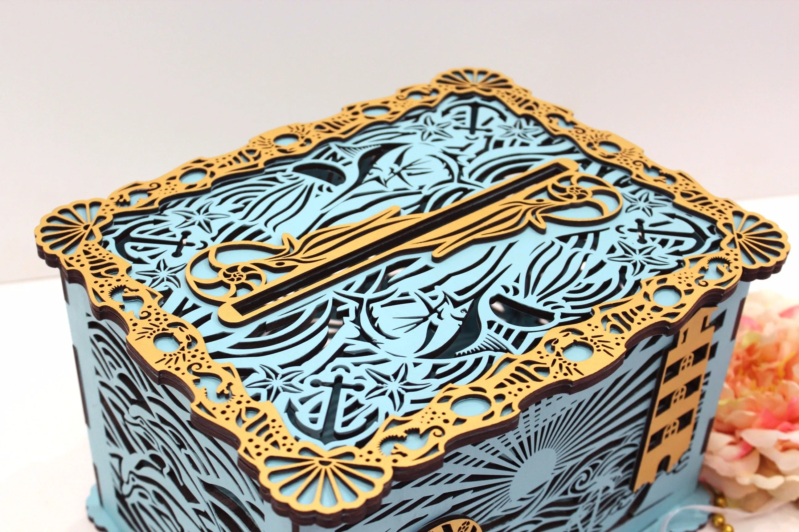 Wedding Card Box With Lock & Slot, Marine, Beach or Nautical, Handmade