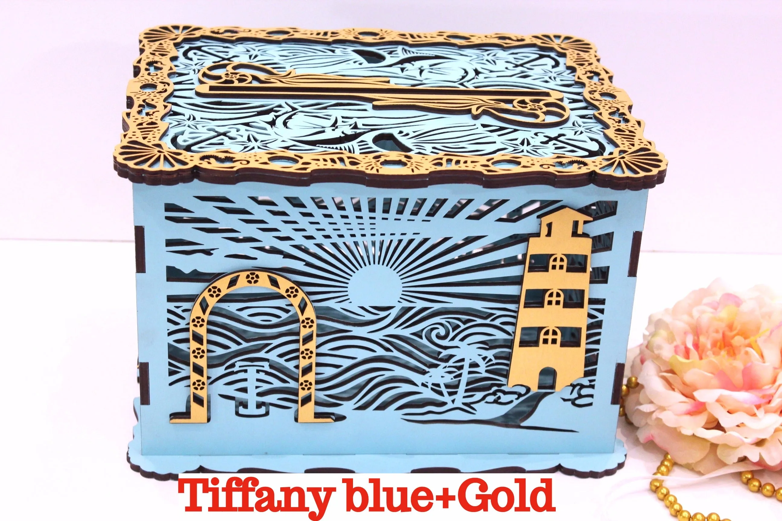 Wedding Card Box With Lock & Slot, Marine, Beach or Nautical, Handmade