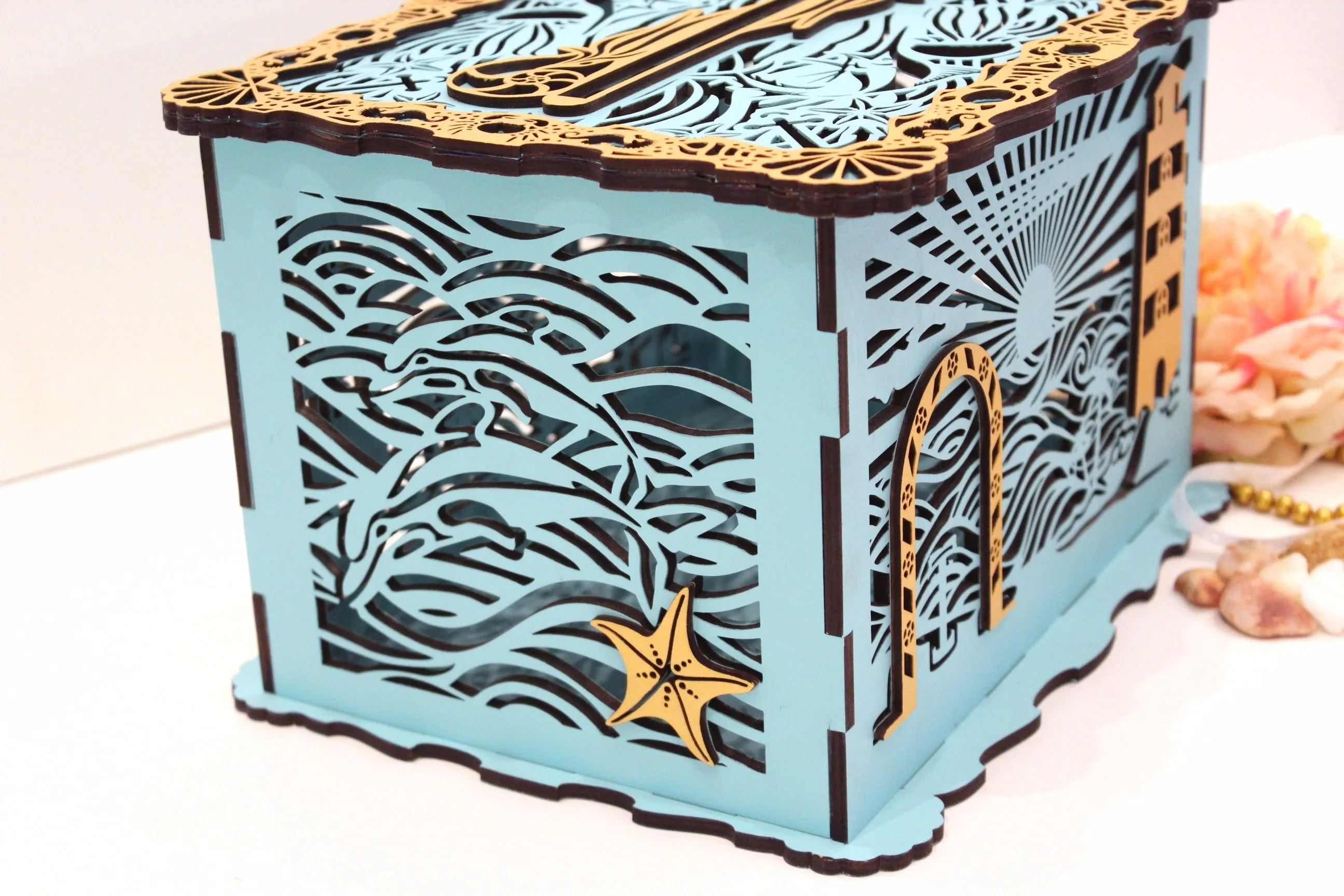 Wedding Card Box With Lock & Slot, Marine, Beach or Nautical, Handmade