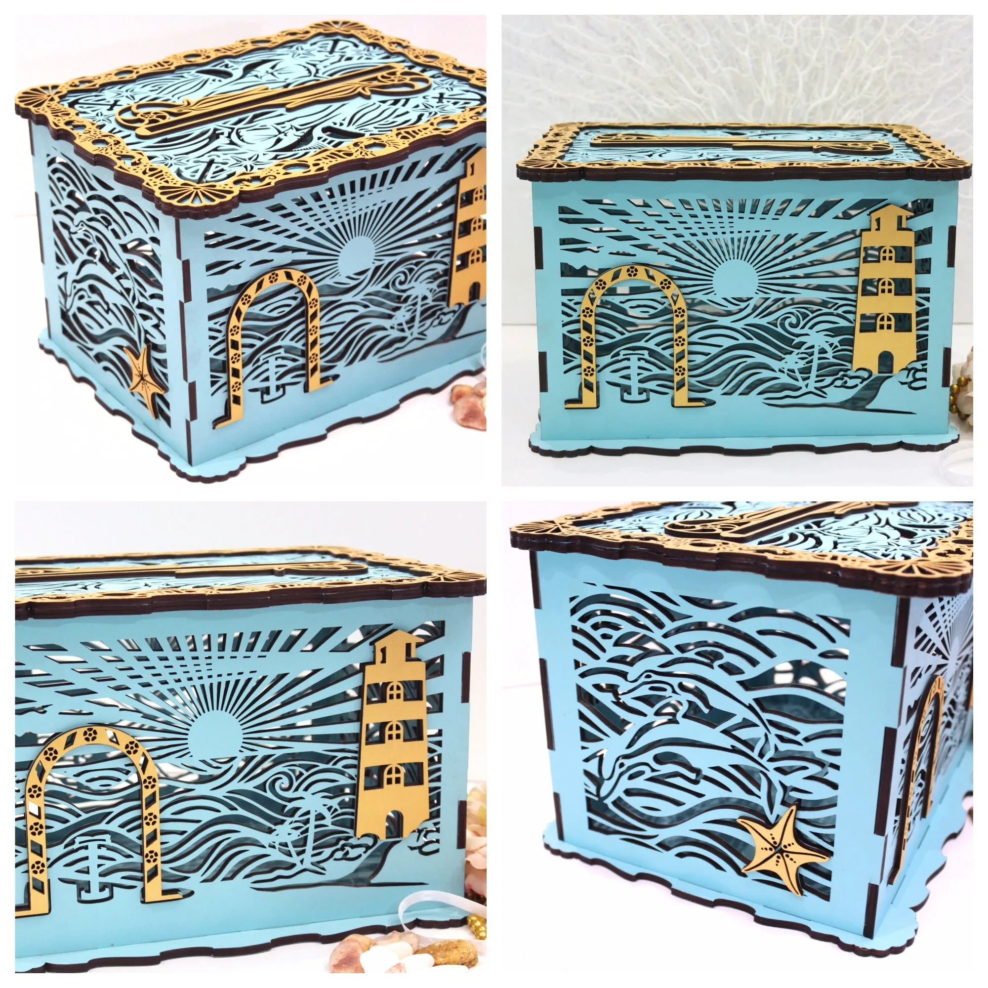 Wedding Card Box With Lock & Slot, Marine, Beach or Nautical, Handmade
