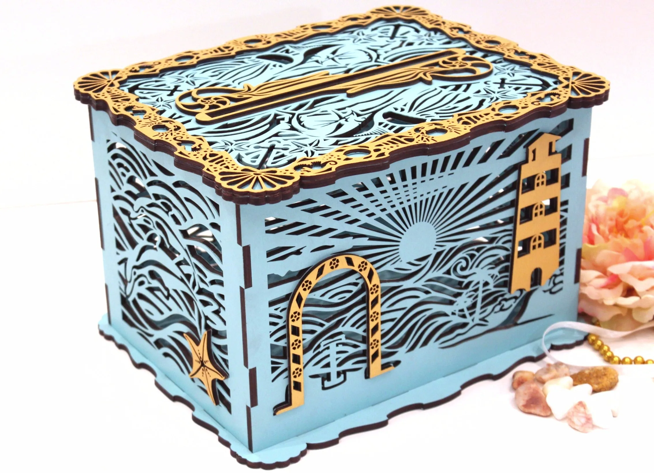 Wedding Card Box With Lock & Slot, Marine, Beach or Nautical, Handmade