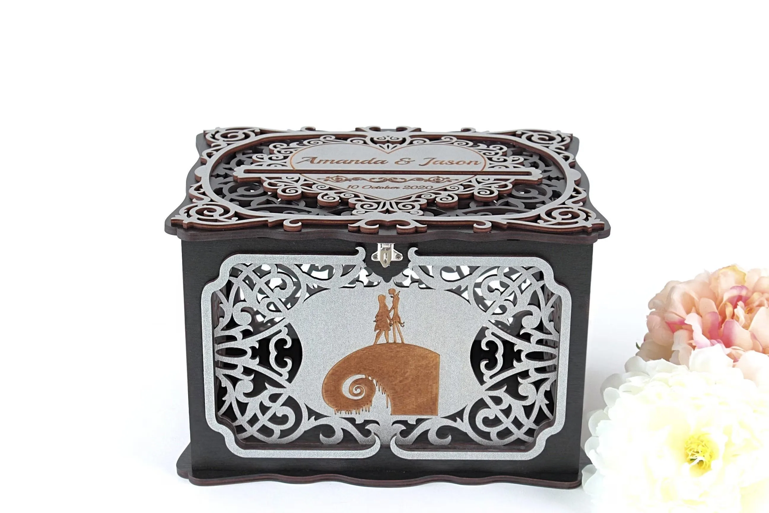 Wedding Halloween Card Box with Lock, Gothic Wedding Cards Holder, Wishes Well, Jack Sally Wedding Money Box, Nightmare Wedding Post, Coastal Wedding Gift for Daughter, Wedding Gift, Handmade Gifts
