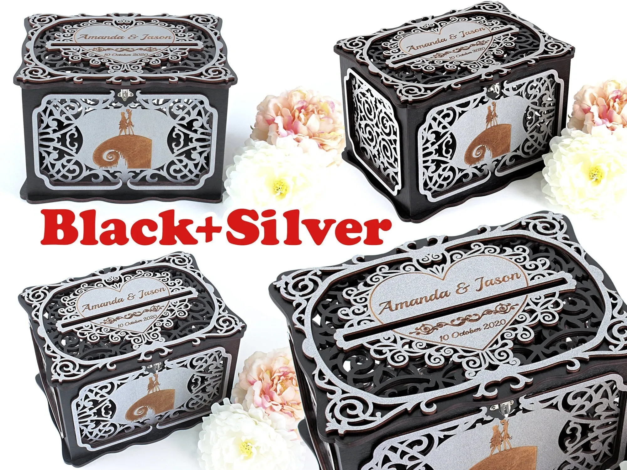 Wedding Halloween Card Box with Lock, Gothic Wedding Cards Holder, Wishes Well, Jack Sally Wedding Money Box, Nightmare Wedding Post, Coastal Wedding Gift for Daughter, Wedding Gift, Handmade Gifts