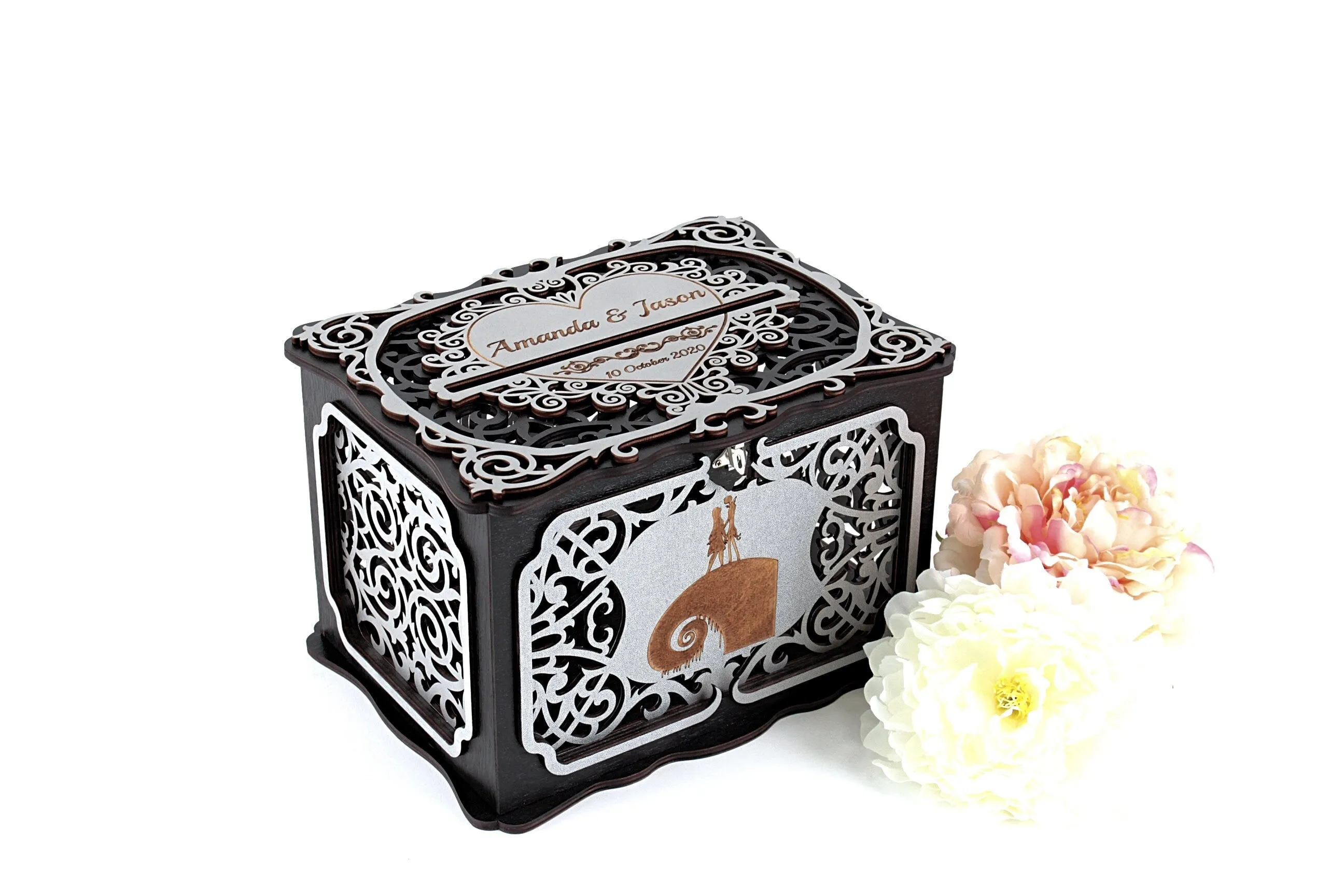 Wedding Halloween Card Box with Lock, Gothic Wedding Cards Holder, Wishes Well, Jack Sally Wedding Money Box, Nightmare Wedding Post, Coastal Wedding Gift for Daughter, Wedding Gift, Handmade Gifts