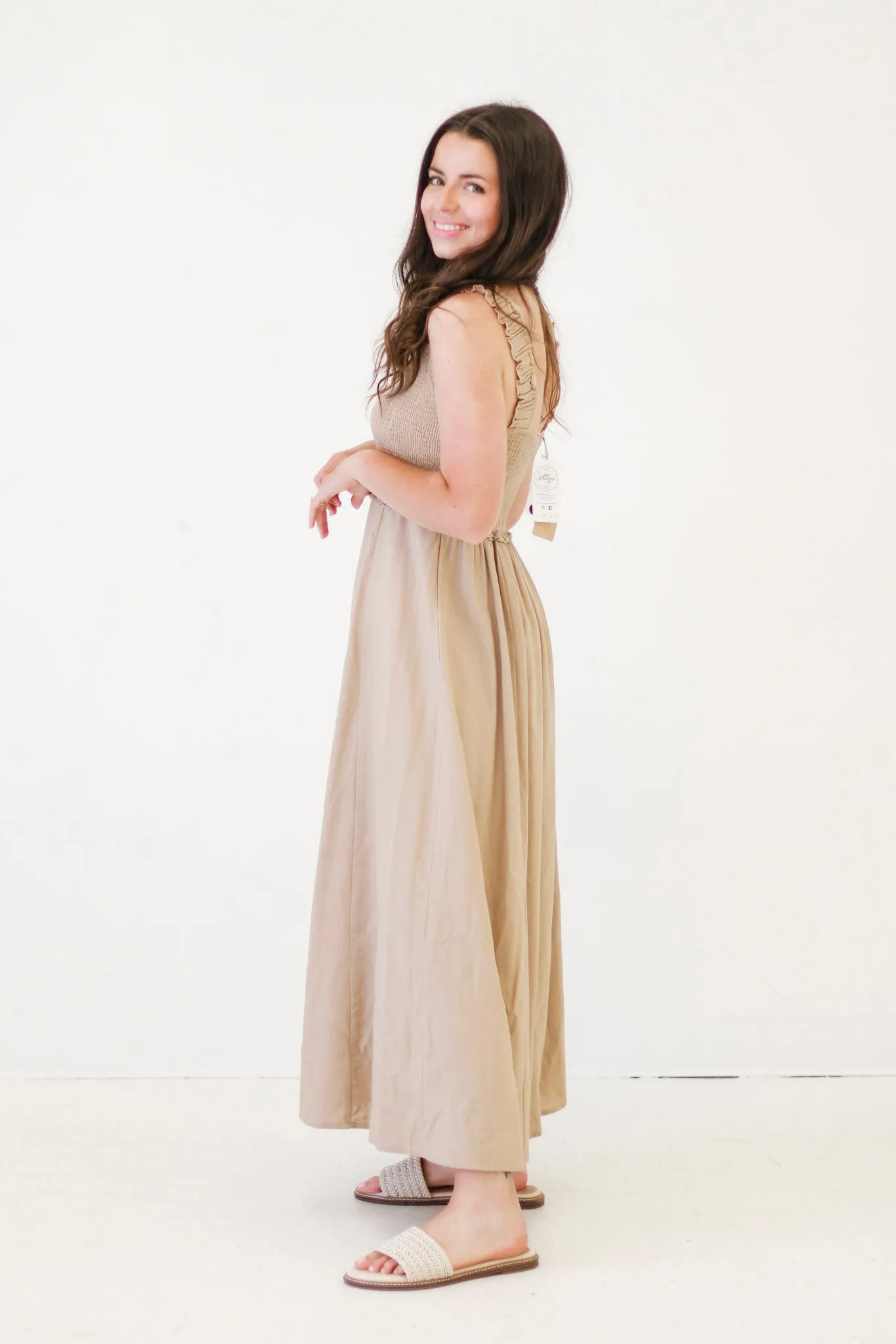 Weekend Whimsy Sleeveless Smocked Button Midi Dress