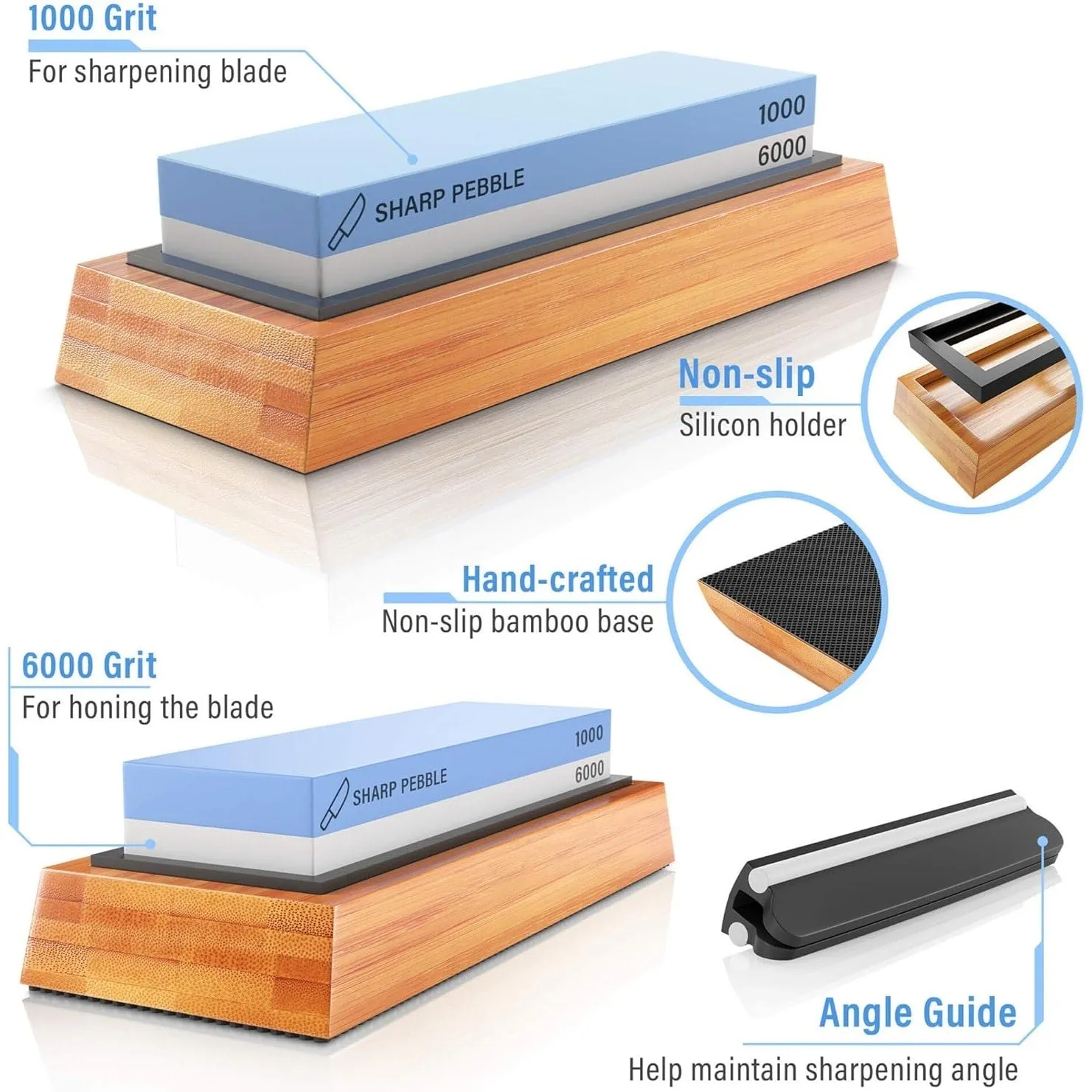 Whetstone Knife Sharpening Stone 2 Side Grit 1000/6000 Waterstone NonSlip Bamboo Base - Blue