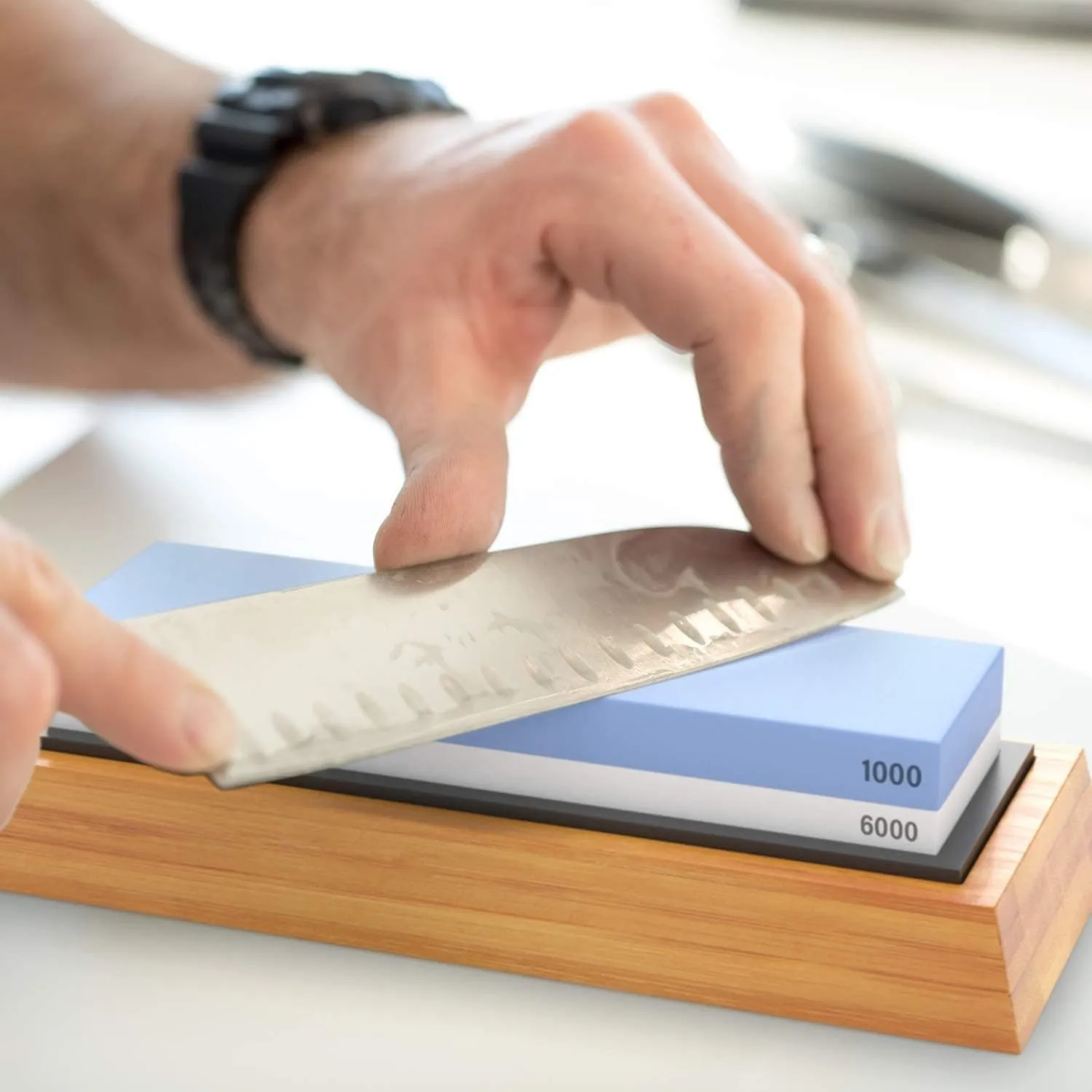 Whetstone Knife Sharpening Stone 2 Side Grit 1000/6000 Waterstone NonSlip Bamboo Base - Blue