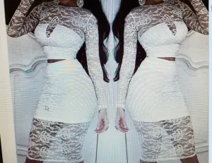 White 2-Piece Sexy Lace Long Sleeve Knee Length Bra-In Dress