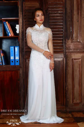 White Bridal Ao Dai | Vietnamese Bridal Dress with Hand-Beading (#ELYSE)