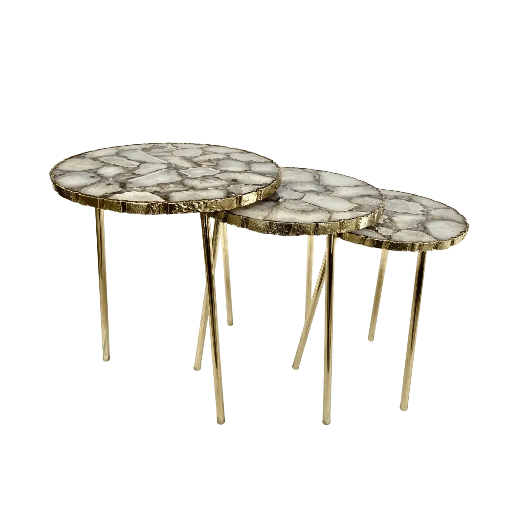 White Crystal Agate Round Nesting Tables - Set of 3