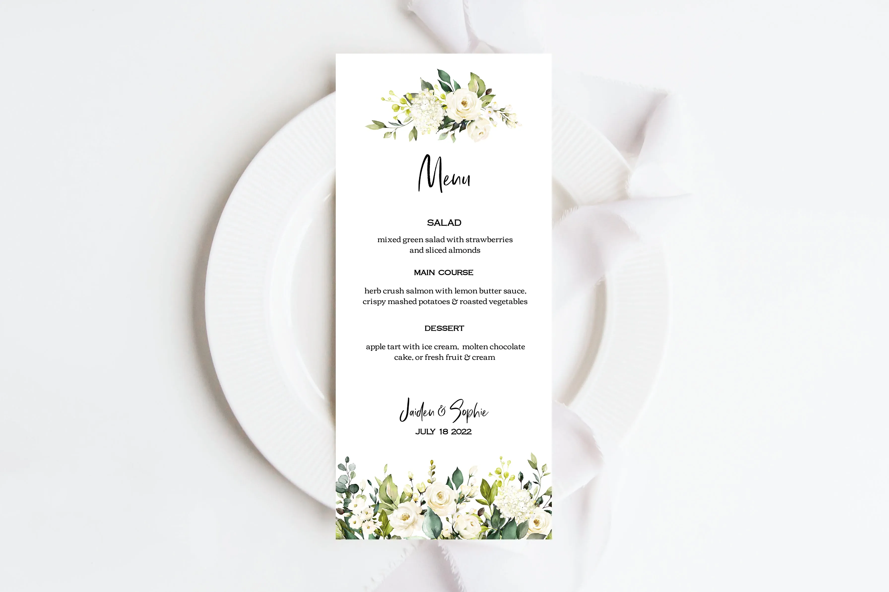 White Floral Wedding Menu Template - JAIDEN
