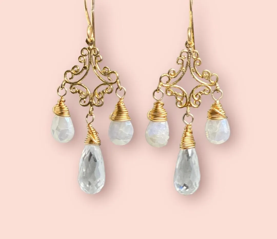 White Sapphire Crystal Quartz Gold Filigree Chandelier Earrings