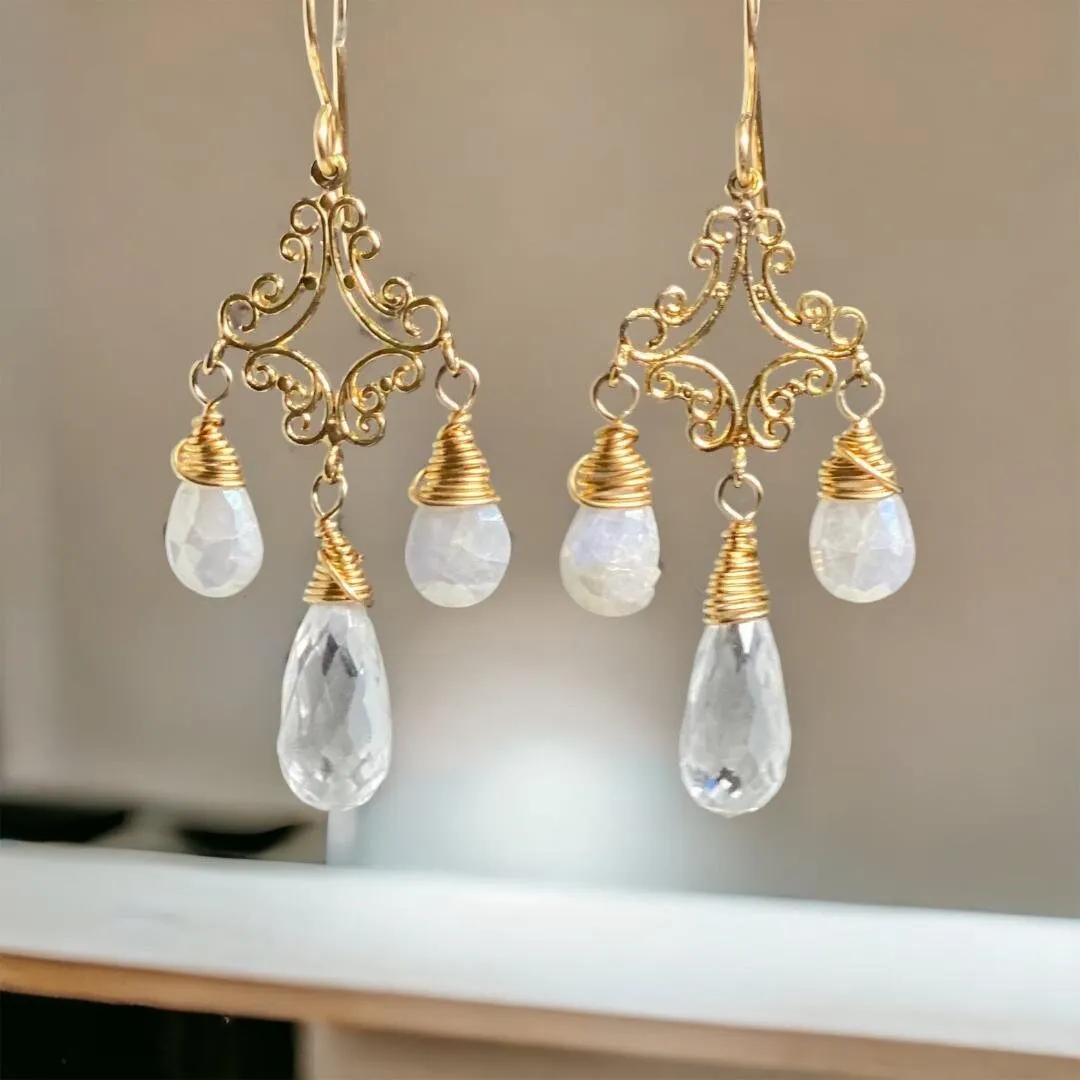 White Sapphire Crystal Quartz Gold Filigree Chandelier Earrings