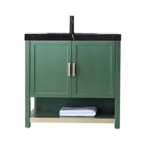 Winchester 2 Doors Bathroom Vanity with Black Quartz Sink - Floor Mount - 36" Wood/Forest Green