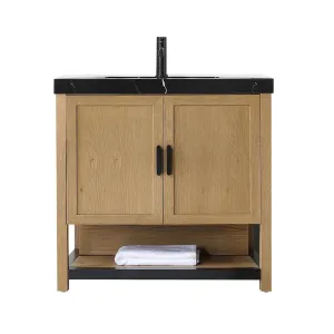 Winchester 2 Doors Bathroom Vanity with Black Quartz Sink - Floor Mount - 36" Wood/Pecan Oak