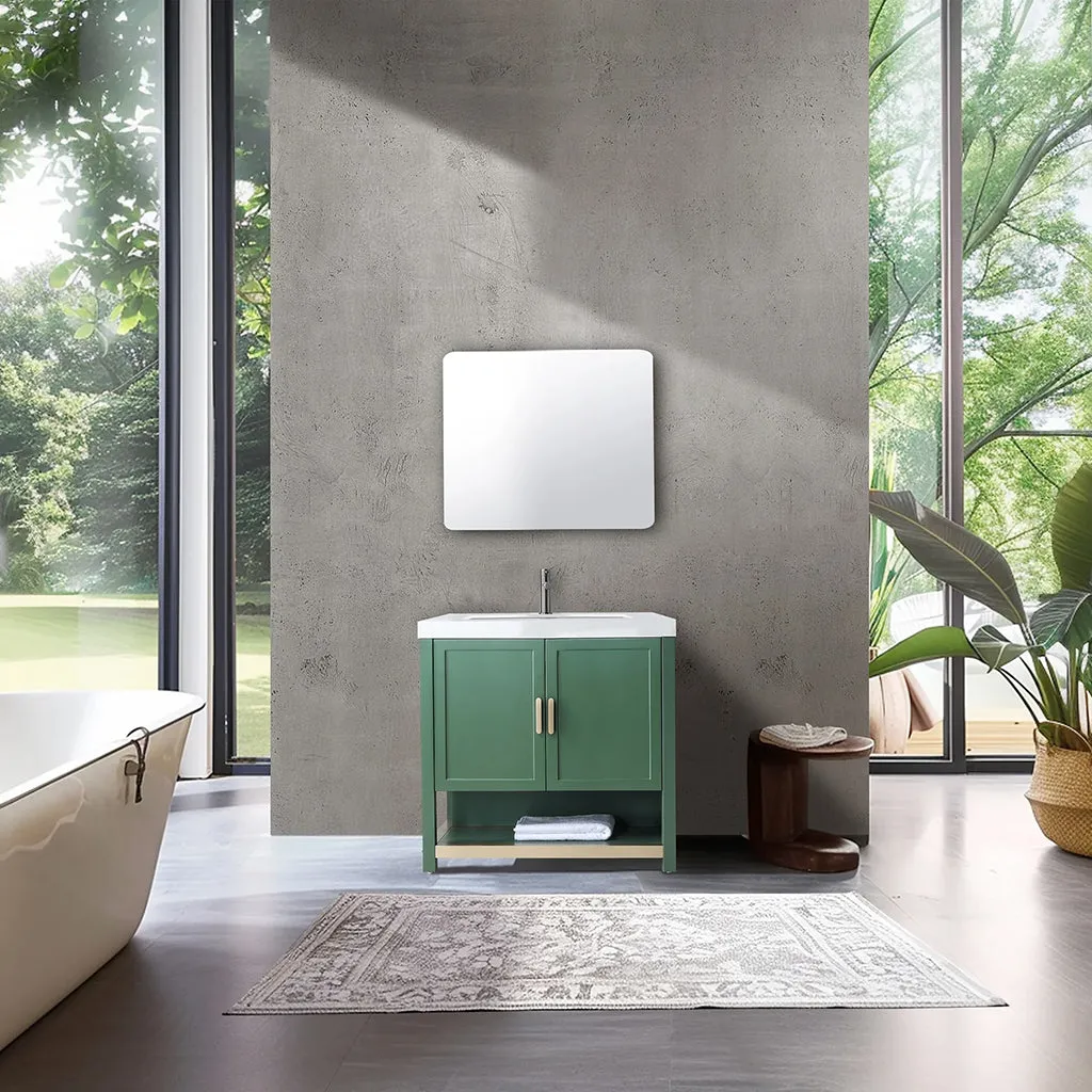 Winchester 2 Doors Bathroom Vanity with White Stone Sink - Floor Mount - 36" Wood/Forest Green