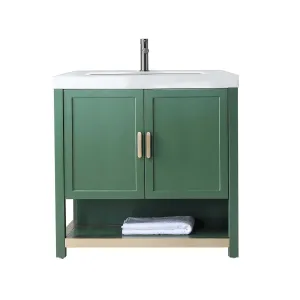 Winchester 2 Doors Bathroom Vanity with White Stone Sink - Floor Mount - 36" Wood/Forest Green