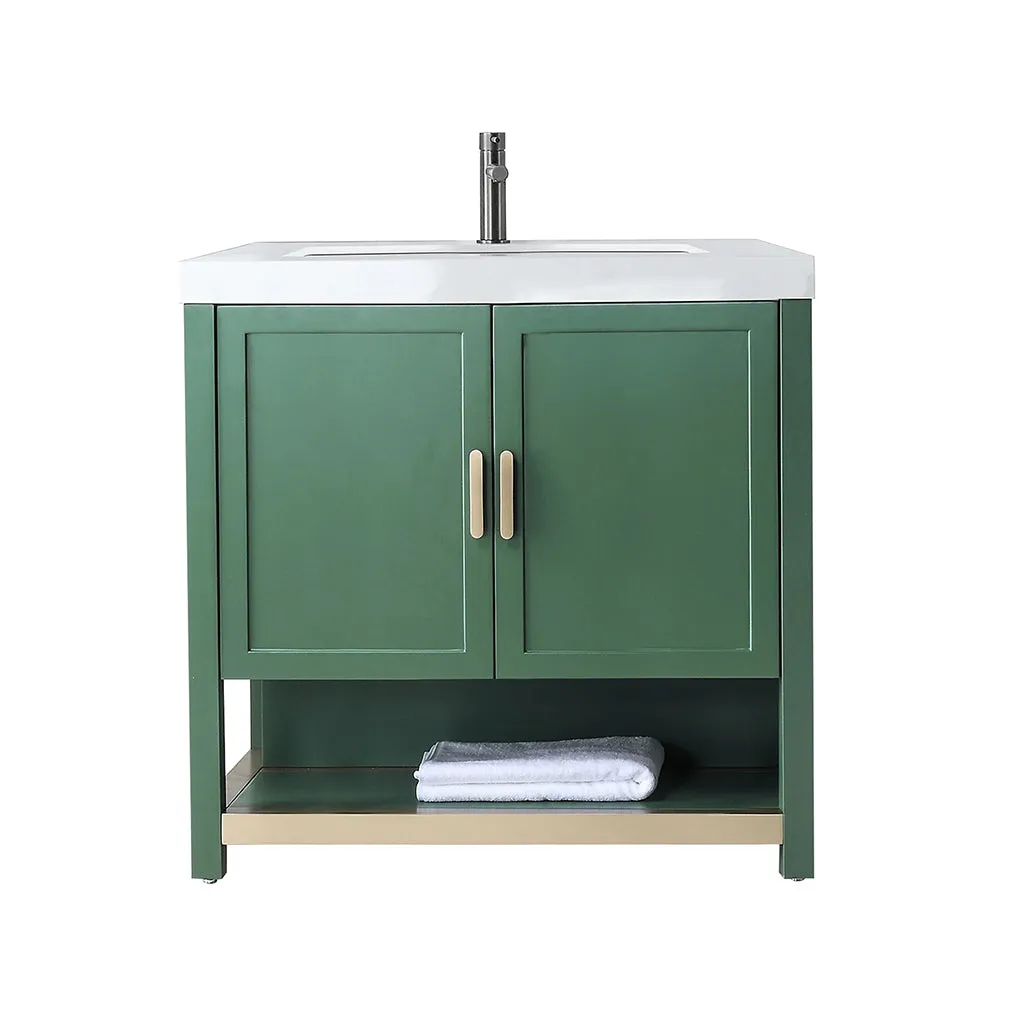 Winchester 2 Doors Bathroom Vanity with White Stone Sink - Floor Mount - 36" Wood/Forest Green