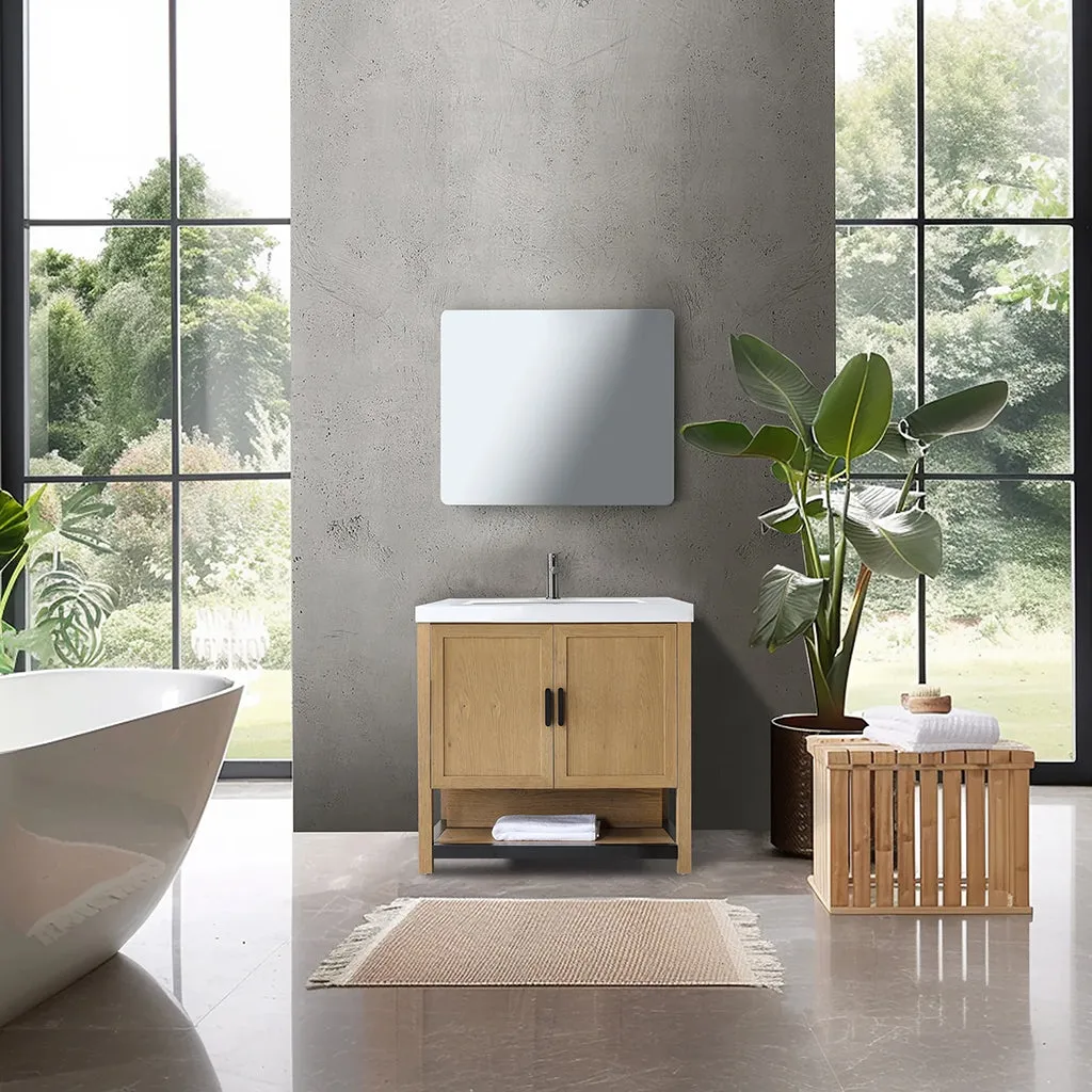 Winchester 2 Doors Bathroom Vanity with White Stone Sink - Floor Mount - 36" Wood/Pecan Oak