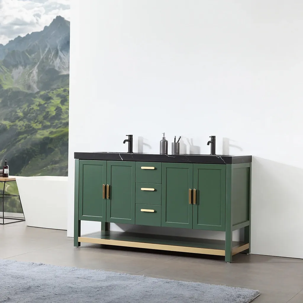 Winchester 3 Drawers And 4 Doors Bathroom Vanity with Black Quartz Sink - Floor Mount - 60" Wood/Forest Green